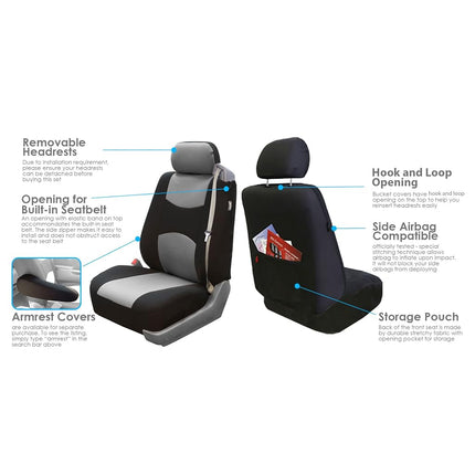 FH GROUP Three Row Full Set - 7 Seater All Purpose Flat Cloth Built-in Seat Belt Car Seat Cover- Universal Fit for Cars Trucks and SUVs Gray/Black