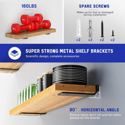 Goovilla Shelf Bracket, Heavy Duty Floating Shelf Brackets 8 inch Long, 6 Pack Brackets for Shelves, Black Coated Metal Wall Shelf Support Brackets with 1/5 Inch Thick and 160 lb. Load Capacity
