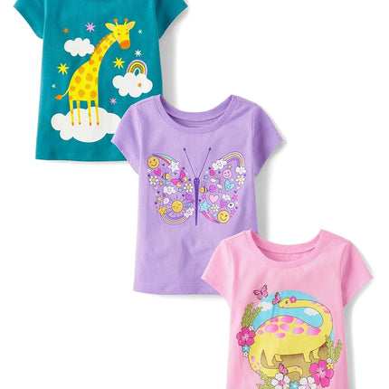 Paquete de 3 camisetas gráficas de manga corta para bebé niña de The Children's Place, jirafa/mariposa/dinosaurio, 12-18 meses