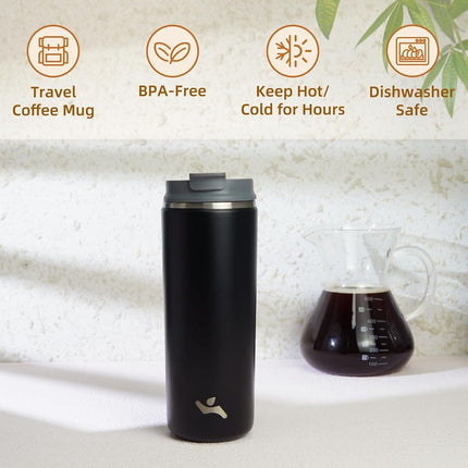 Konokyo Tumbler with Lid, 16 oz Travel Coffee Mug Double Wall Vacuum Stainless Steel Thermal Metal Cup Insulated Water Bottle,Black