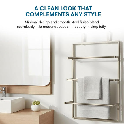 Honey-Can-Do Over-The-Door 3-Tier Towel Rack, Towel Rail, Bathroom Towel Holder, Steel, Satin Nickel, 15 lbs