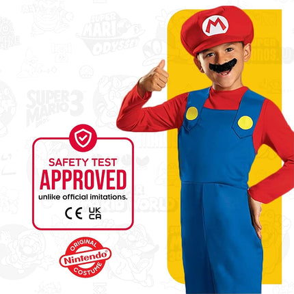 Déguisement officiel classique Nintendo Super Mario pour enfants, comprend la casquette Mario, le costume Mario pour enfants, idéal pour Halloween, les anniversaires, la Journée Mondiale du Livre, pour garçons, taille S