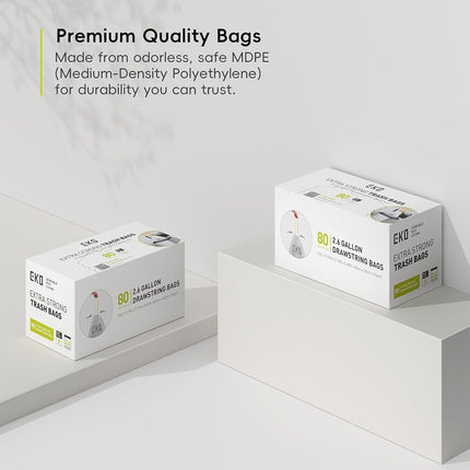 EKO Easy-Dispense Roll 80 Count Extra-Strong Drawstring Small Trash Bag, 2.6 Gallon Trash Bag (7-10L) 1 Pack White, Code B