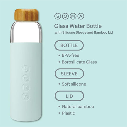 Soma Glass Water Bottle with Non-Slip Silicone Handle & Sleeve, Natural Bamboo Screw Cap, and Leak-Proof Design - Reusable, Refillable, BPA-Free, Eco-Friendly Alternative - Mint, 480 ml