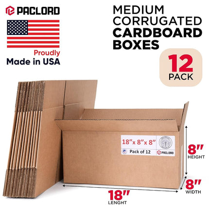 Paclord 12 Pack Medium Cardboard Boxes 18" L x 8" W x 8" H - Made in USA Packaging Boxes for Moving, Shipping or Storage - Approved by