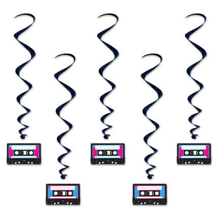 Beistle S54703AZ1 5 Piece 80's Theme Cassette Tape Hanging Swirl Decorations Retro 1980's Party Décor Whirls, Plastic Paper, Black/White/Pink/Turquoise