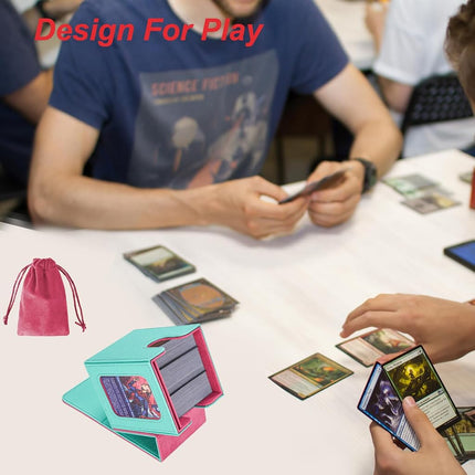 AFIING MTG Deck Box for Commander Display,Card Deck Case Fits 100 Double Sleeved Cards, Magic Commander TCG Card Storage Box with 2 Dividers,Dice Bag and 1 Toploader(Green Rose pink)