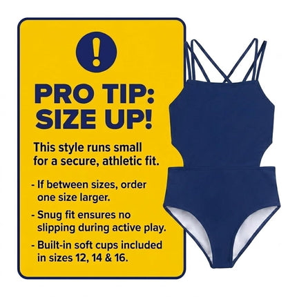 Kanu Surf Girls' Beach Sport Cut-Out 1-Piece Swimsuit One, Solid Navy, 16