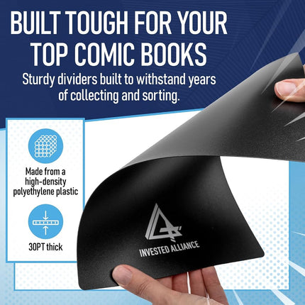 Black Comic Book Dividers (25 Pack) | 30PT Polyethylene Plastic, Bins, Cabinets, Library Dividers, Comic Book Boards for Fabric Storage, Divider with Write-On Index Folding Tab, Archival & Acid Free.