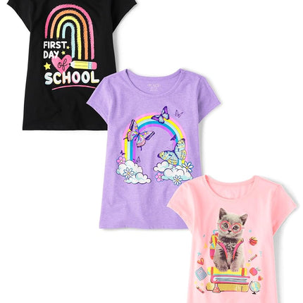 The Children's Place Girls' School Days Short Sleeve Graphic T-Shirts, Multipack, First Day of School/Rainbow/Cat Books, X-Small