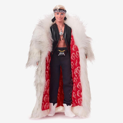 Barbie THE MOVIE, Ken Doll wearing Faux Fur Coat and Black Fringe Vest, fingerless gloves and gold tone chain, HRF31