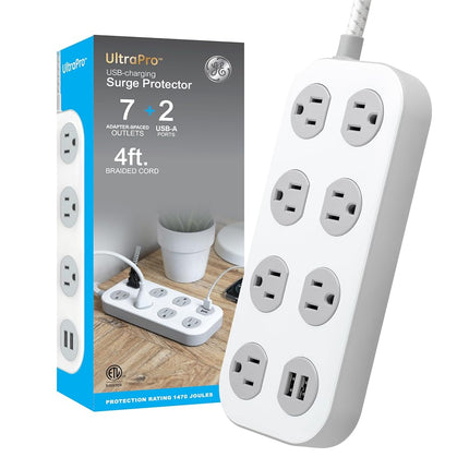 GE 7-Outlet Surge Protector Power Strip with USB, 2 USB-A, 4 Ft Braided Cord, Multi Plug Outlet Extender, Flat Plug, Charging Station, 2.4A, 1470 Joules, White/Gray, 81780