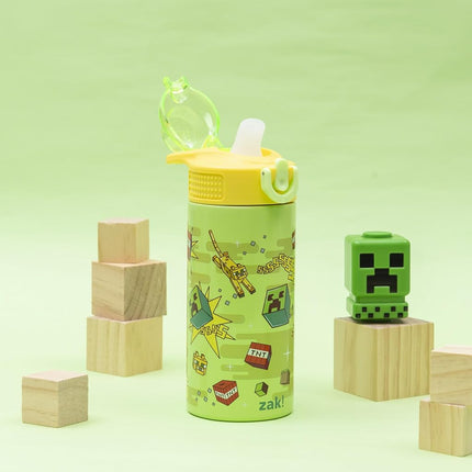 Zak Designs Minecraft Creeper Sage 14oz Leak-Proof Straw Kids Water Bottle