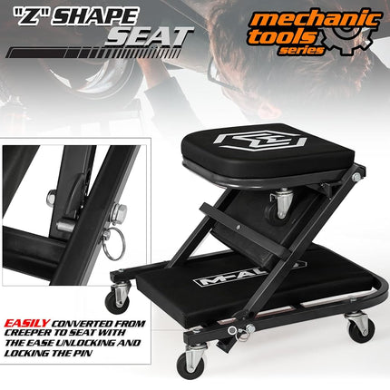 M-AUTO 40-Inch Folding Creeper Rolling Seat, All-in-One Adjustable Roller Garage Chair, Lay Down or Sit, 330LBS Capacity Under Car Roller Creeper with 6 Swivel Casters, Black