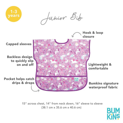 Bumkins Junior Bib, Adjustable Hook & Loop Closure, Catch-All Pocket, Baby-Led Weaning, Waterproof, Machine Washable, Stain & Odour Resistant, BPA Free, 1-3 Years, Unicorn Design
