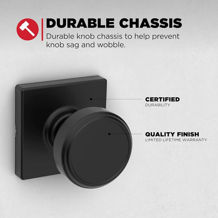 Kwikset Maven Interior Passage Door Knob, Square Handle for Closet and Hallway Doors, Non-Locking Doorknob in Matte Black, with Microban Protection