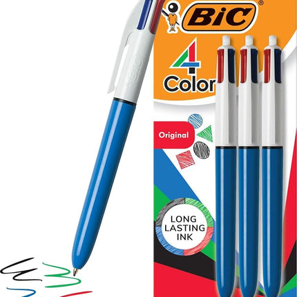 Bic 4-Color Ballpoint Retractable Pen, Assorted Ink, Medium, 3 per Pack, Sold as One Pack