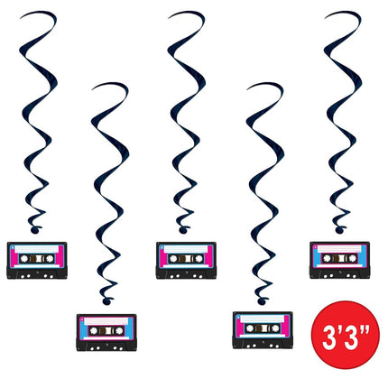 Beistle S54703AZ1 5 Piece 80's Theme Cassette Tape Hanging Swirl Decorations Retro 1980's Party Décor Whirls, Plastic Paper, Black/White/Pink/Turquoise