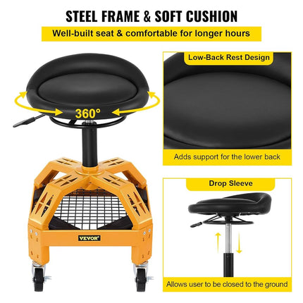 VEVOR Rolling Garage Stool, 300LBS Capacity, Adjustable Height from 24 in to 28.7 in, Mechanic Seat with 360-degree Swivel Wheels and Tool Tray, for Workshop, Auto Repair Shop, Yellow