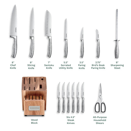 Juego de 15 cuchillos Cuisinart de acero inoxidable con taco de madera y remaches