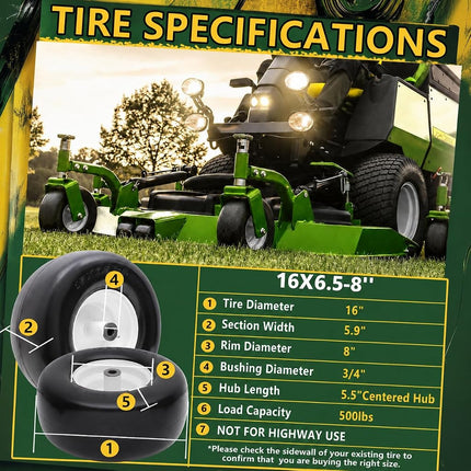 Wiltire 16x6.50-8 Flat Free Lawn Mower Front Tire and Wheel (2 Pack)