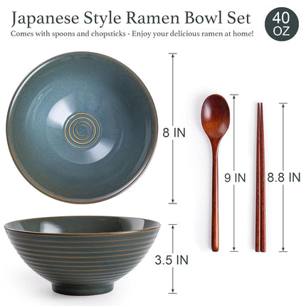 HOKELER Ceramic Japanese Ramen Bowl Set, 2 Sets Asian Pho Udon Soup Noodle Bowls with Spoons and Chopsticks (Olive Green, 8 inches)