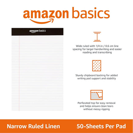 Amazon Basics Narrow Ruled Writing Pads, 50 Sheets Per Pad, 12 pack, 12.7 cm by 20.3 cm, White