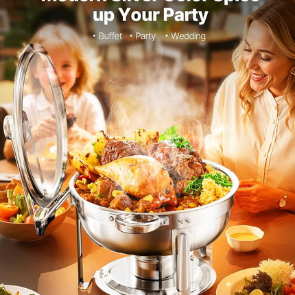 VEVOR Chafing Dish Buffet Set, 5 Qt 4 Pack, Stainless Steel Chafer with 4 Full Size Pan, Round Catering Warmer Server with Glass Lid Water Pan Folding Stand Fuel Holder, for Wedding Party Banquet