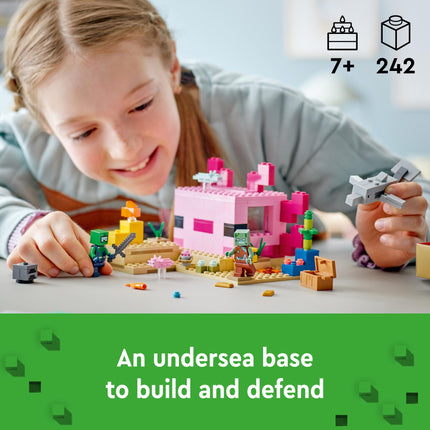 LEGO Minecraft 21247 El set de construcción La casa del ajolote, aventuras creativas en una colorida base submarina, incluye un explorador buzo, un delfín, un ahogado y más, juguete de Minecraft para