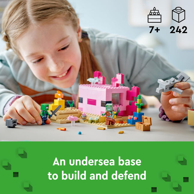 LEGO Minecraft 21247 The Axolotl House Building Toy Set, Creative Adventures on a Colourful Underwater Base, Includes a Diver Explorer, Dolphin, Drowned and More, Minecraft Toy for