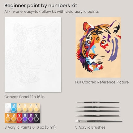 ARTEZA Paint by Numbers Kit, 12x16 Inches, 21 Pieces, Tiger Canvas Painting Kit, Canvas Panel, 12 Acrylic Paint Pots, 5 Paintbrushes, Art Supplies for a Meditative and Calming