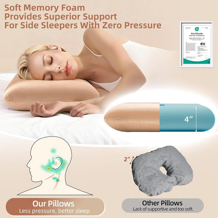 USlixury Piercing Pillow - Ear Piercing Pillow with Foam Plug, 4''H Ear Pillow with 4.7 * 3.2 and Off Center Ear Hole, CertiPUR-US Memory Foam Piercing Pillow for Side Sleeper, Satin Cover, Champagne