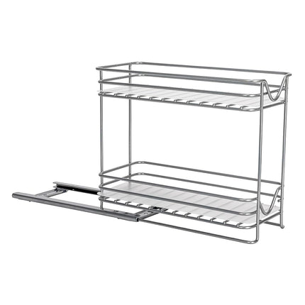 Household Essentials Glidez Powder-Coated Steel Pull-Out/Slide-Out Storage Organizer with Plastic Liners for Spice Rack Use - 2 -Tier Design - Fits Standard Size Cabinet or Shelf, Brushed Silver