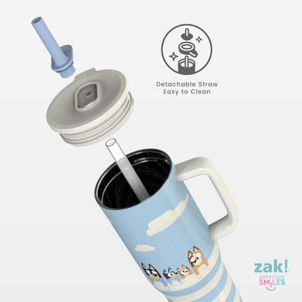 Vaso de viaje Sutton de Bluey de Zak Designs para llevar, de acero inoxidable de 887 ml con aislamiento al vacío, pajita de silicona y asa para bebidas frías (Bluey, Bingo, Bandit, Chilli)