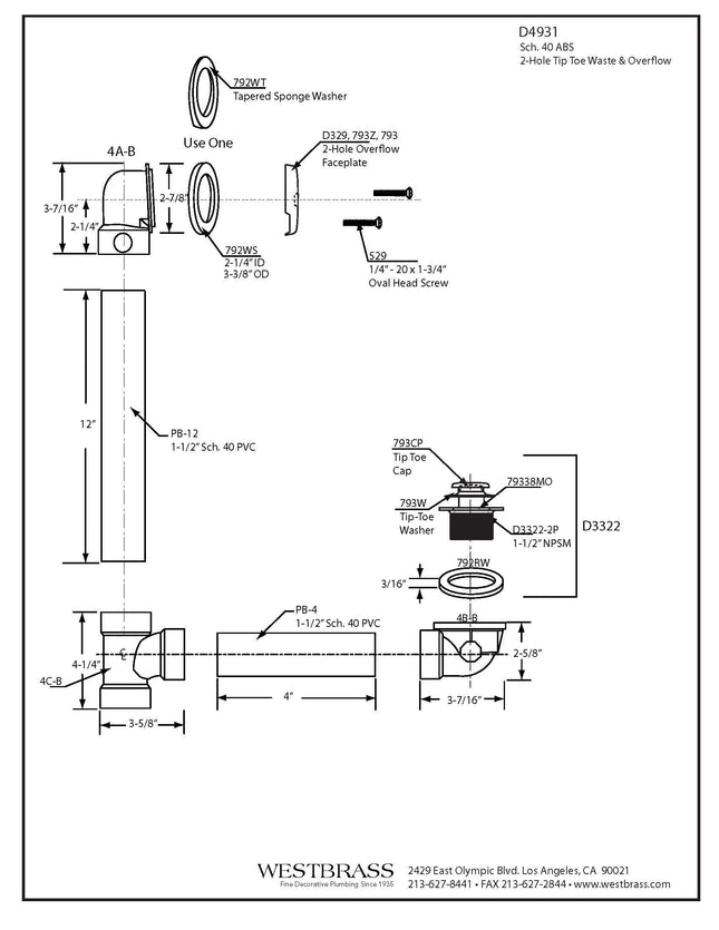 Westbrass Tip-Toe SCH. 40 ABS Bath Waste with Two-Hole Elbow, Stainless Steel, D4931-20