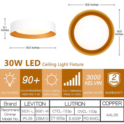 Bargeni 16.5 x 3.1 Inch Modern Matte White & Gold Dimmable LED Flush Mount Ceiling Light, 30W/3000K Warm White, Multi-Purpose Room