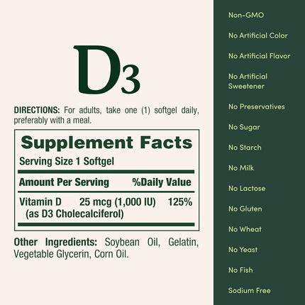 Nature's Bounty Vitamin D-1000 IU, Rapid Release Softgels 250 ea