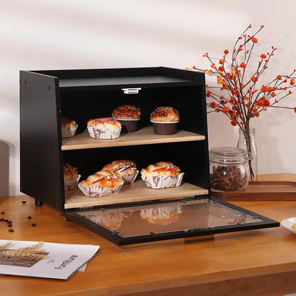 Panera Takywep de doble capa grande para encimera de cocina, caja de almacenamiento de pan de bambú de gran capacidad con ventana, negra