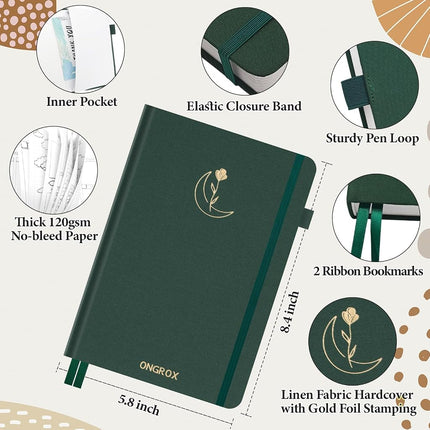 ONGROX Premade Bullet Style Notebook with Hand-Drawn Pages, Dotted Journal with Unique Pre-Made Bullet Templates, Undated Planner with Weekly Spreads & Monthly Themes, 12 Months, A5 Linen Hardcover