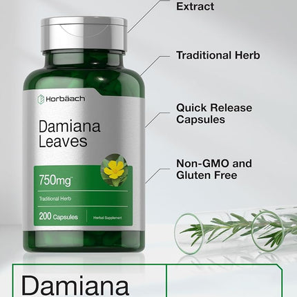Horbäach Damiana Leaf Extract | 200 Capsules | Herbal Supplement