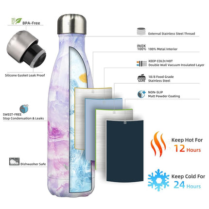 Konokyo Insulated Water Bottles,17 oz Double Wall Stainless Steel Vacumm Metal Flask for Sports Travel,Marble Dawn