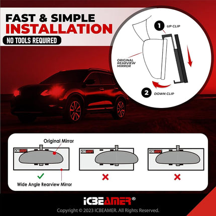 14.2" ICBEAMER Clip On Rear View Mirror | Flat Clear Tint, Panoramic Wide Angle HD Glass, Anti Glare, Universal Fit for Car, SUV, Truck | Eliminates Blind Spots (1 Pack)