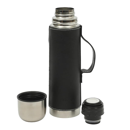 Mr. Coffee Leatherette 23 oz Stainless Steel Thermal Bottle – Double Wall Insulated Flask with Faux Leather Sleeve & Carry Handle, Brown – Leak-Proof Hot & Cold Drink Travel Mug