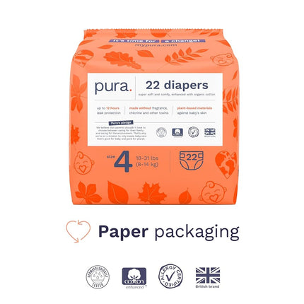 Pura Sensitive Skin Baby Diapers | Size 4 (18-31 lbs) | Hypoallergenic, Totally Chlorine Free, Fragrance Free, Up to 12-Hour Leak Protection | 6 Packs of 22 (132 Diapers)