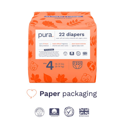 Pura Sensitive Skin Baby Diapers | Size 4 (18-31 lbs) | Hypoallergenic, Totally Chlorine Free, Fragrance Free, Up to 12-Hour Leak Protection | 6 Packs of 22 (132 Diapers)