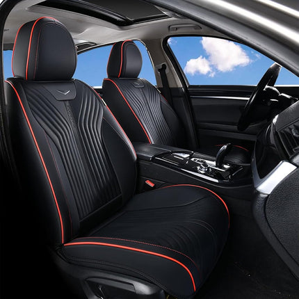 FLORICH Fundas de asiento automotriz Asientos delanteros Funda de asiento de coche impermeable Cojín de asiento de coche negro Protector de asiento de coche de cuero Ajuste universal para la mayoría de coches, camiones y SUV, línea negra y roja