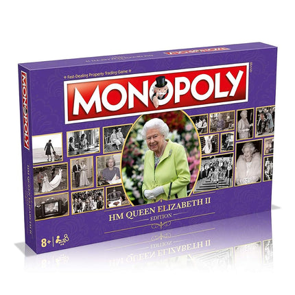 Winning Moves HM Queen Elizabeth II Monopoly Board Game, tour key moments in Her Majesty's life, Collect Royal Residence, Horses, Corgis and Weddings, gift for ages 8 plus