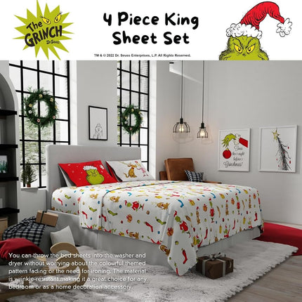 Franco Collectibles Dr. Seuss Le Grinch Parure de lit de Noël et des fêtes ultra douce en microfibre 4 pièces king size (produit sous licence officielle)