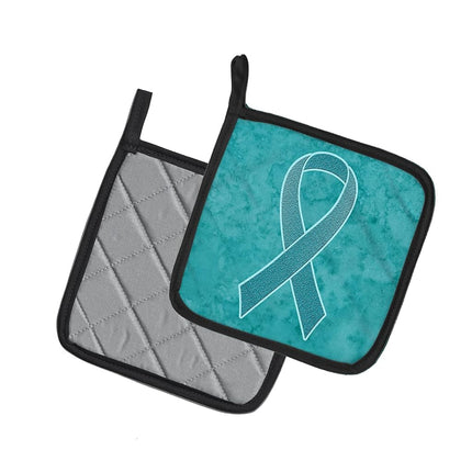 Caroline's Treasures Teal Ribbon For Ovarian Cancer Awareness Pair of Pot Holders, 7.5HX7.5W, Multicolor