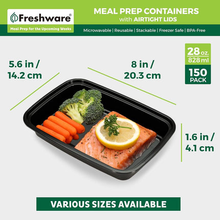 Freshware Boîtes de conservation repas [Lot de 150] Boîtes de conservation alimentaire à 1 compartiment avec couvercles, boîte Bento, sans BPA, empilables, micro-ondes/lave-vaisselle/congélateur (28 oz)